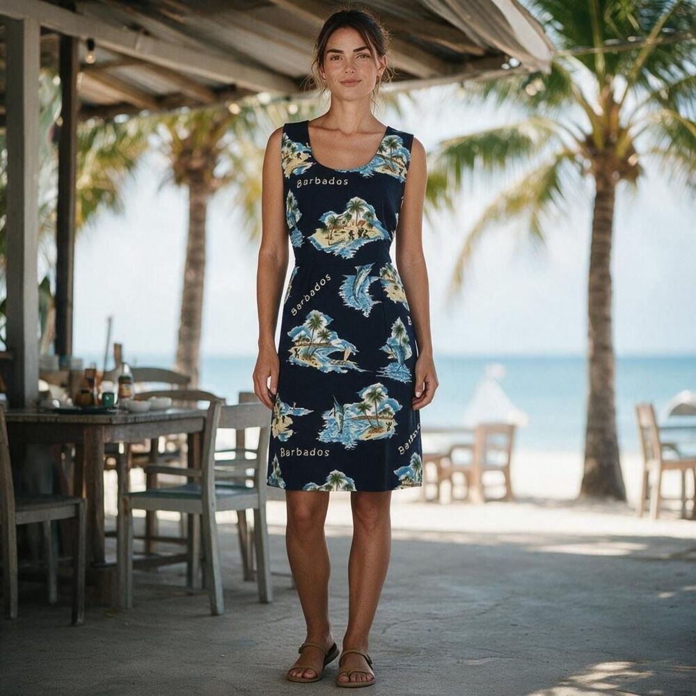 Rima Beachwear Barbados Island Navy Tropical Print Shift Dress Large
